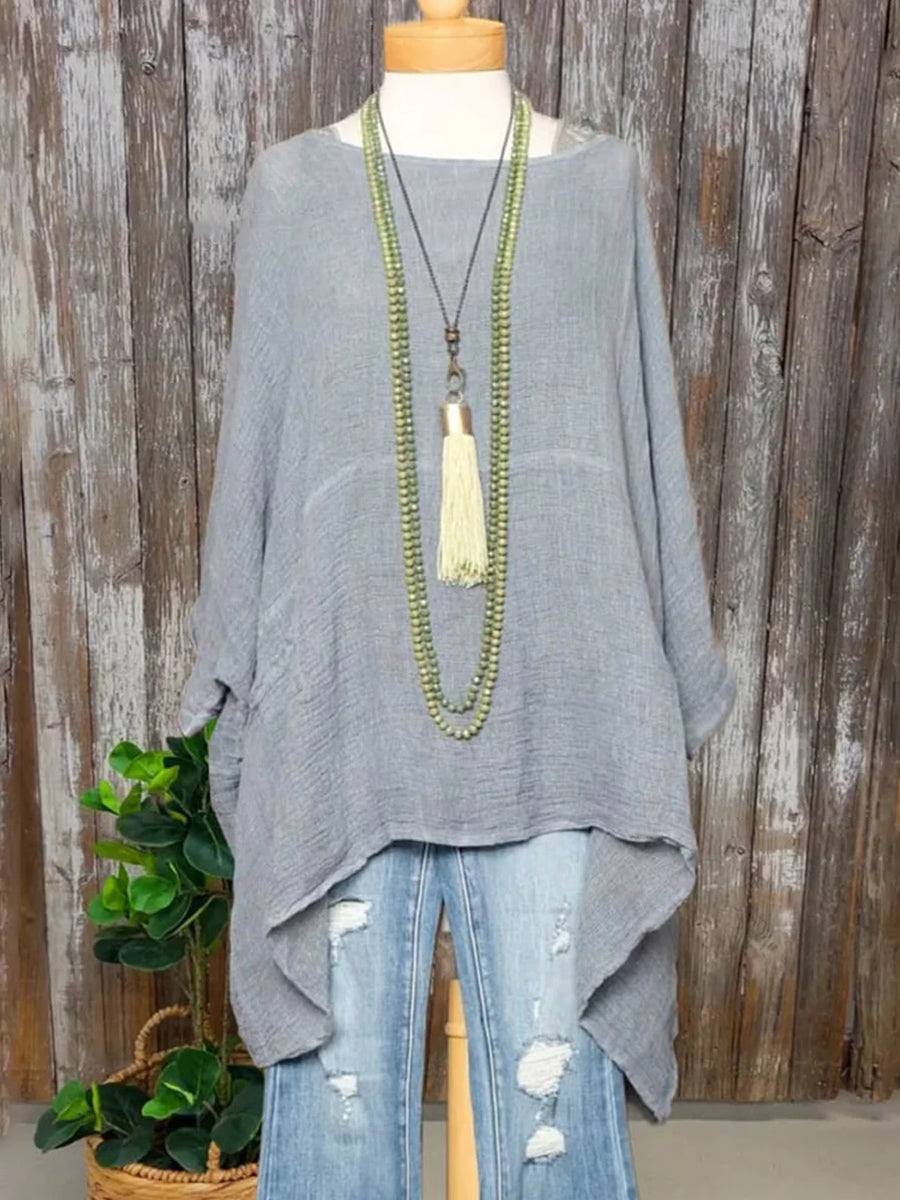Grey Round Neck Long Sleeve Plain Top