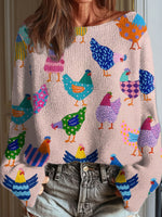 Women's Funny Chicken Art Print Casual Round Neck Long Sleeve Pullover Sweater