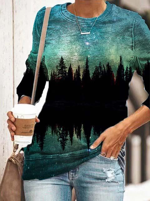 Green Casual Graphic Tops Round Neck Long Sleeve Plant Printed Sweatershirt