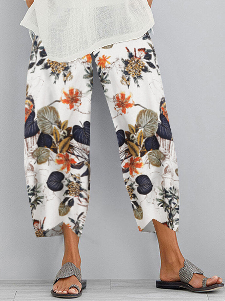 Vintage Floral Printed Elastic Waist Casual Navy Pants
