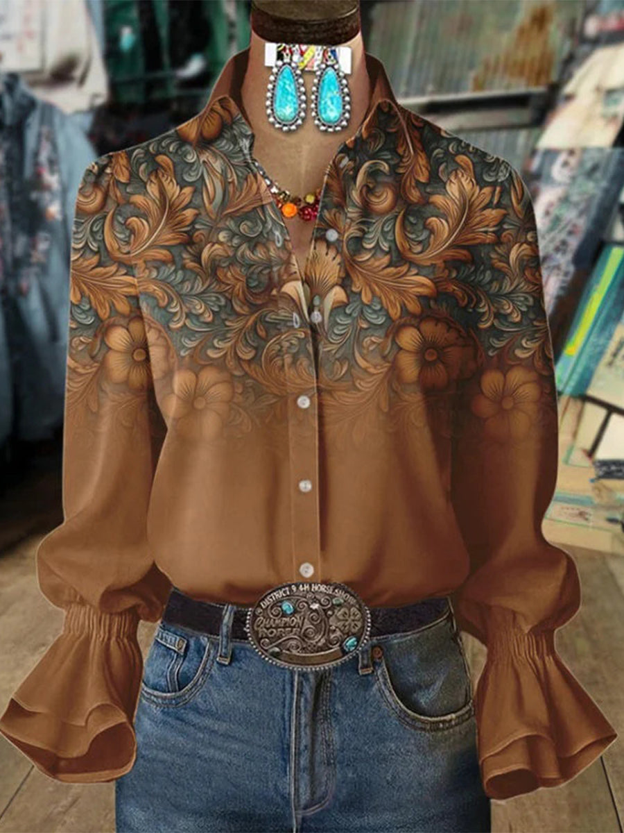 Vintage Floral Print Long Sleeve Blouse