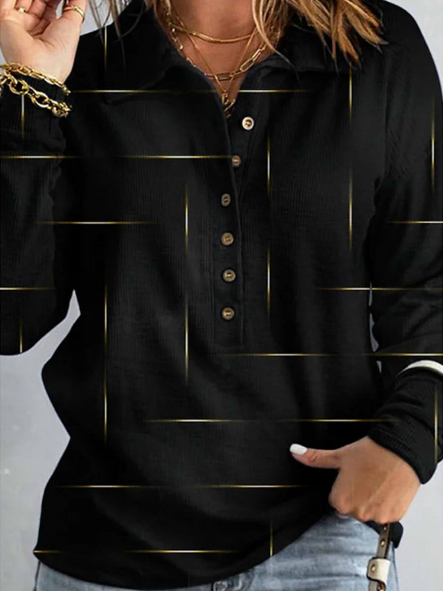 V Neck Long Sleeve Button Geometric Pullover Sweatshirt