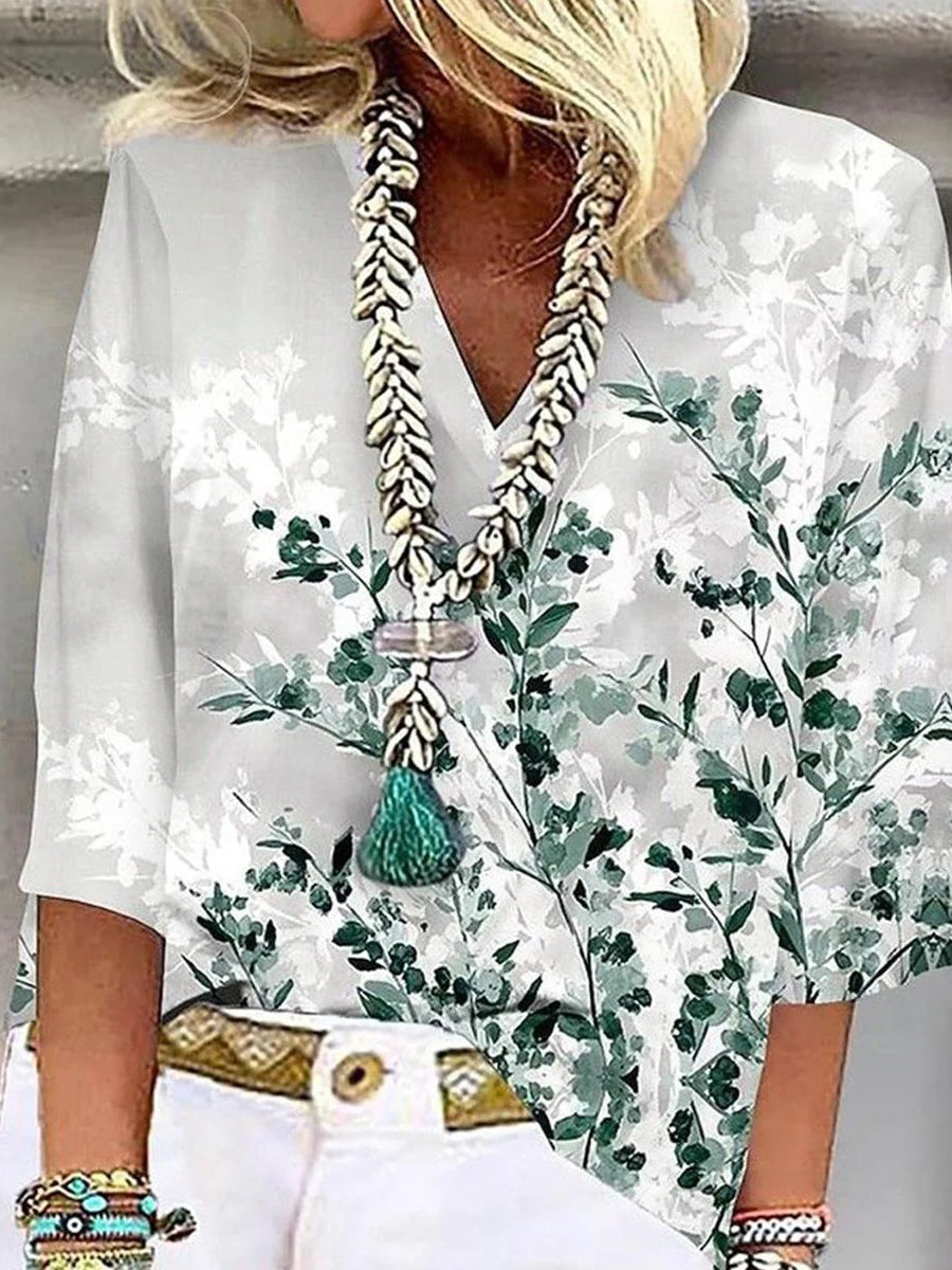 Plant Print V-Neck 3/4 Sleeve Top