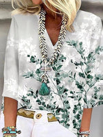 Plant Print V-Neck 3/4 Sleeve Top