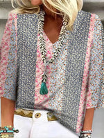 Multicolor Floral Patchwork V-Neck 3/4 Sleeve Blouse