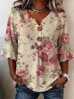 Retro Floral Print V-Neck 3/4 Sleeve Top