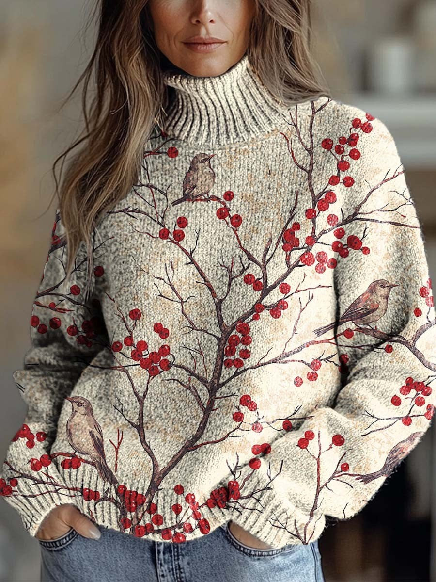 Floral Birds Print Round Neck Long Sleeve Pullover Sweater