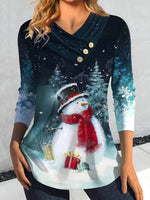 Long Sleeve V-neck Snowman Snowflake Printed Button Christmas Tops
