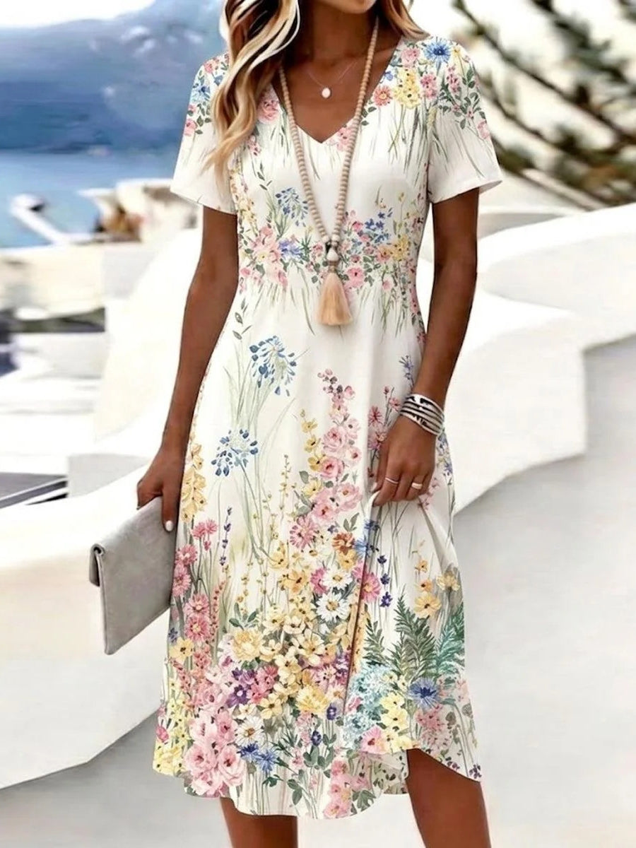 White Floral Print V-Neck Short Sleeve Midi Dress