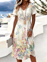 White Floral Print V-Neck Short Sleeve Midi Dress