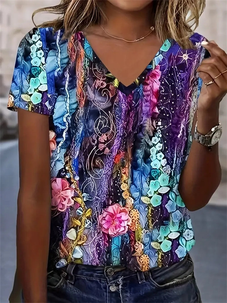 Women Floral Print V-neck Short Sleeve T-shirt