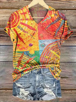 Colourful Abstract Print V-neck Short Sleeve T-Shirt