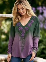 Women's Retro Purple Rose And Celtic Knot Pattern Casual V-neck Long Sleeve T-shirt