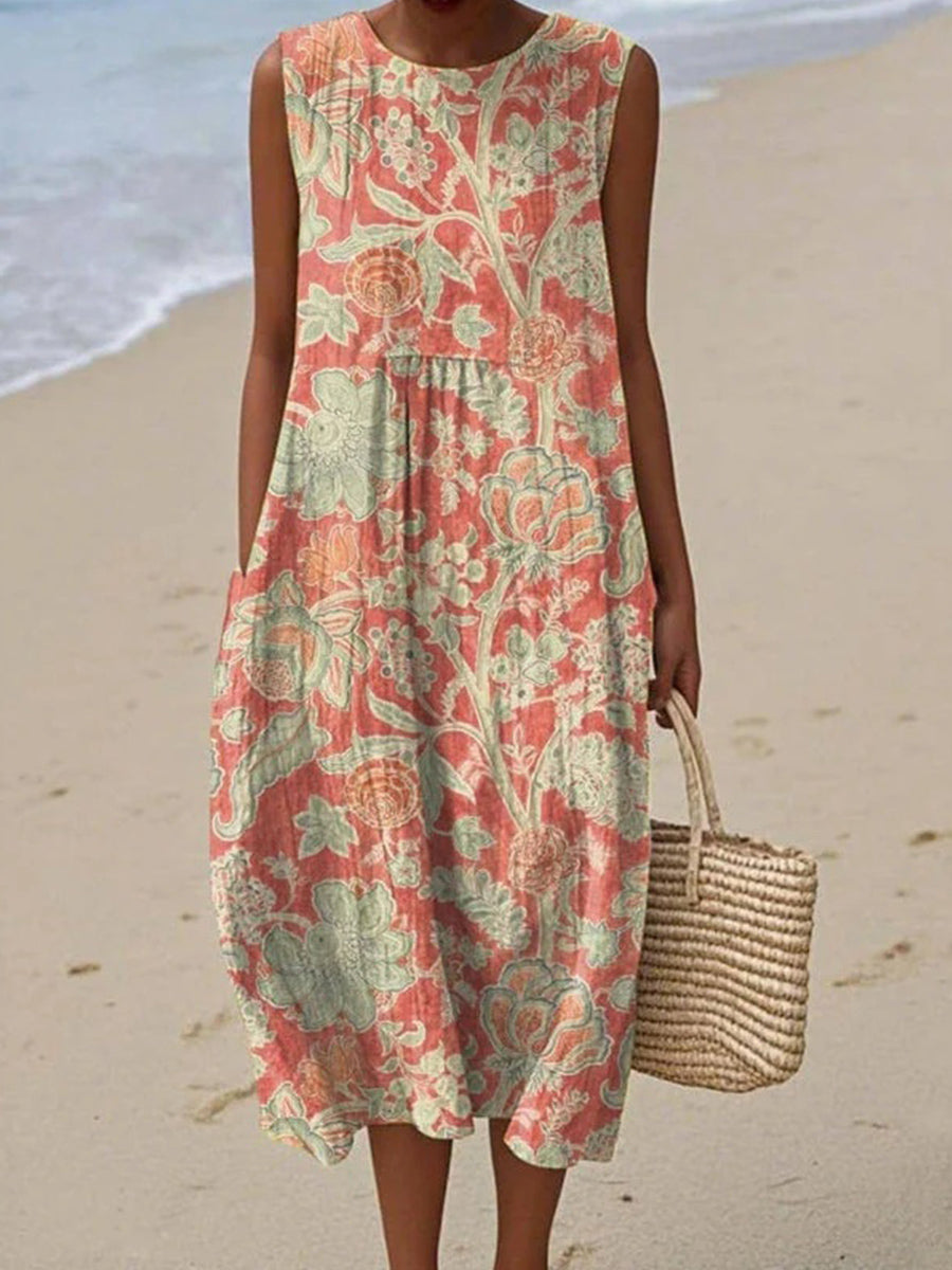 Vintage Floral Print Round Neck Sleeveless Dress