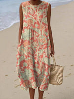 Vintage Floral Print Round Neck Sleeveless Dress