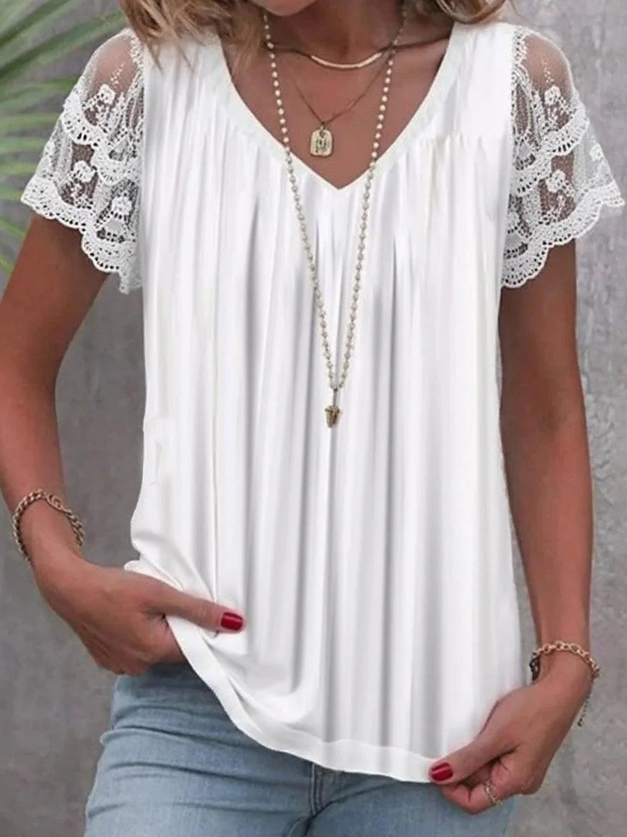 Chic Plain White V-neck Short Sleeve Top