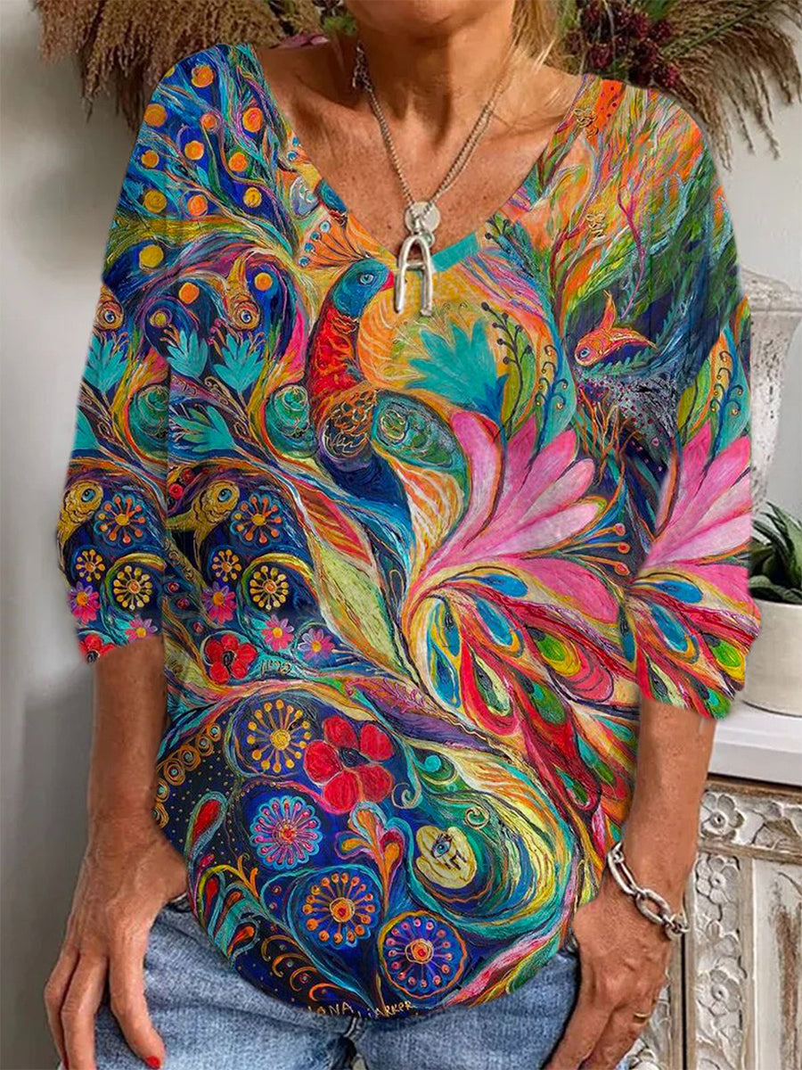 Colorful Abstract V Neck Long Sleeve Blouse