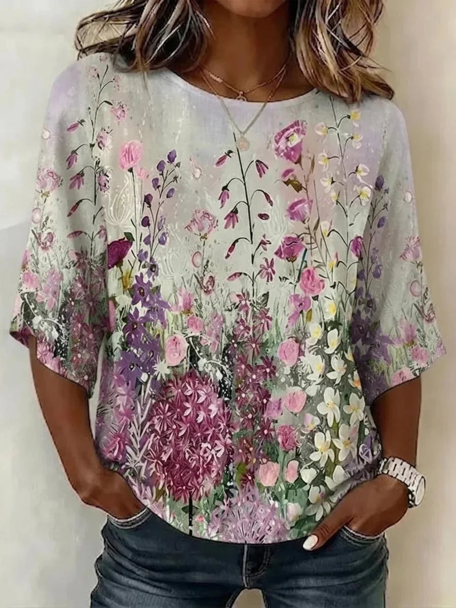 Vibrant Mixed Wildflower Round Neck Flare 3/4 Sleeve Pocket Blouse