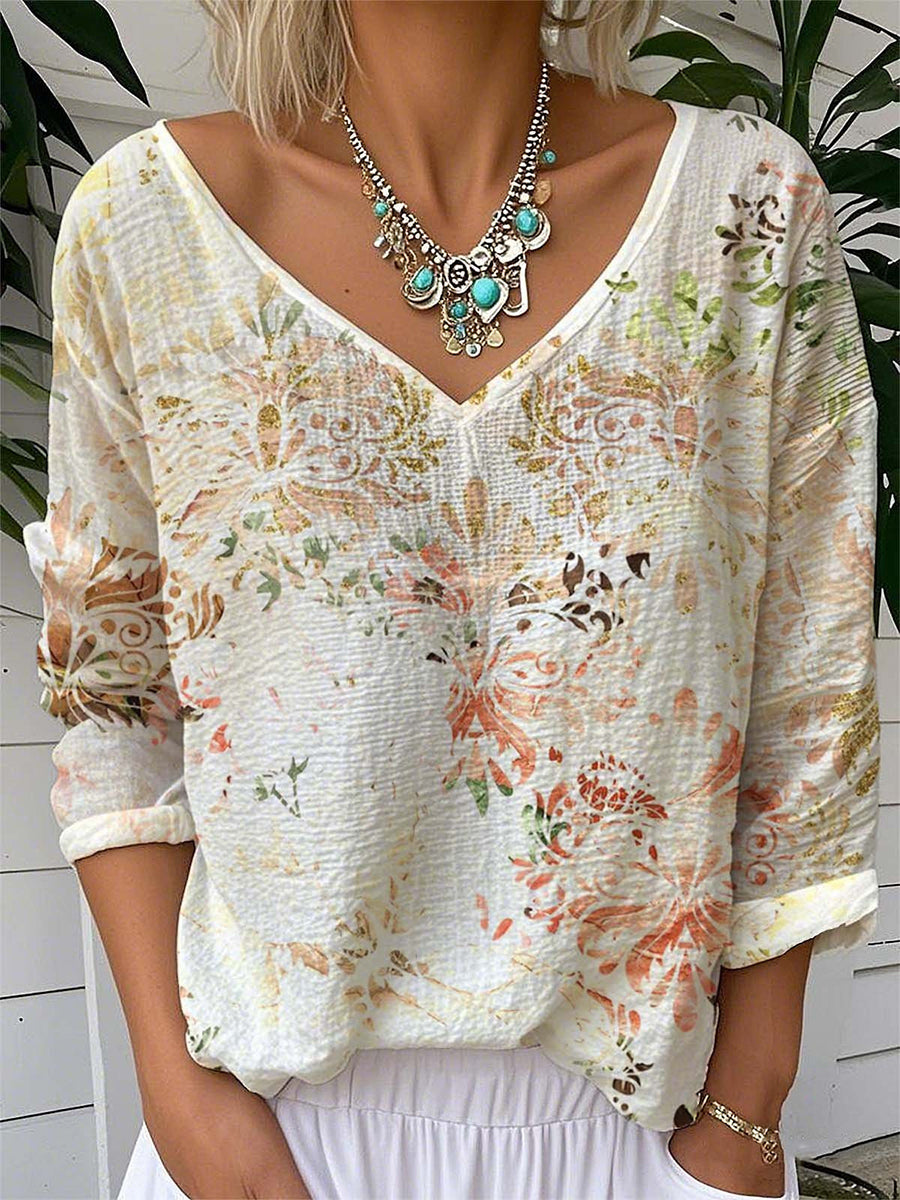 Vintage Floral Print V Neck Long Sleeve T-shirt