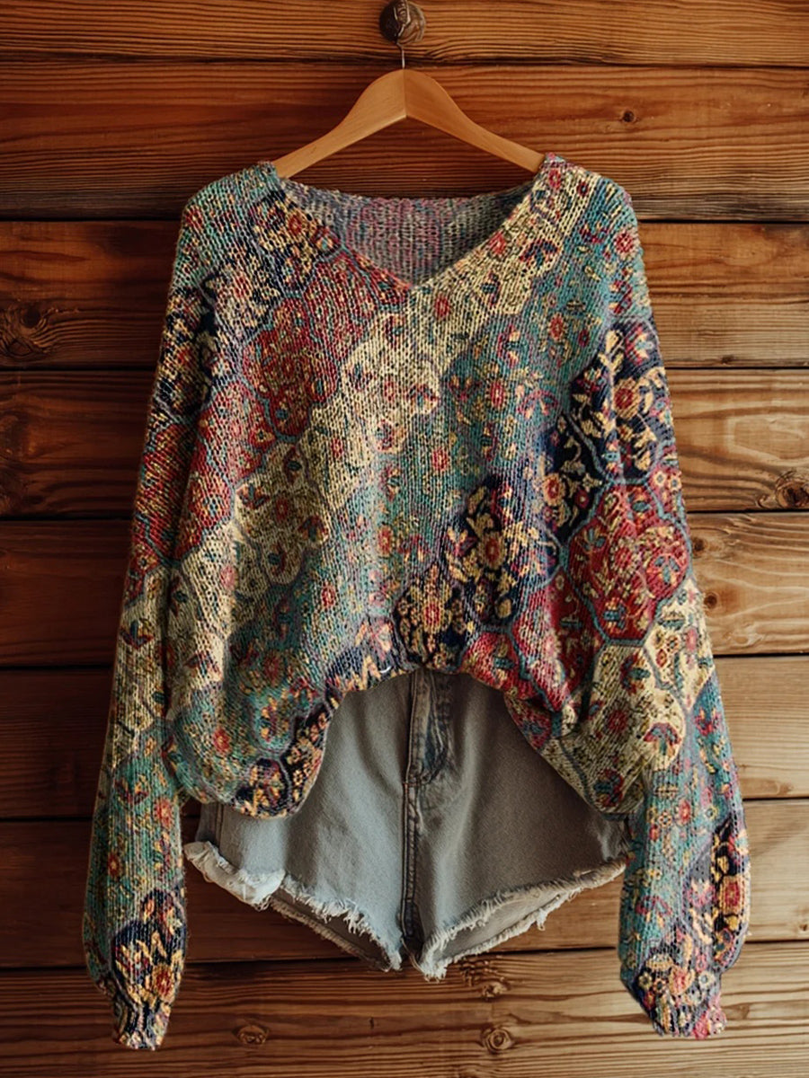 Women's Retro Ethnic Totem Print Casual V Neck Long Sleeve Pullover Sweater