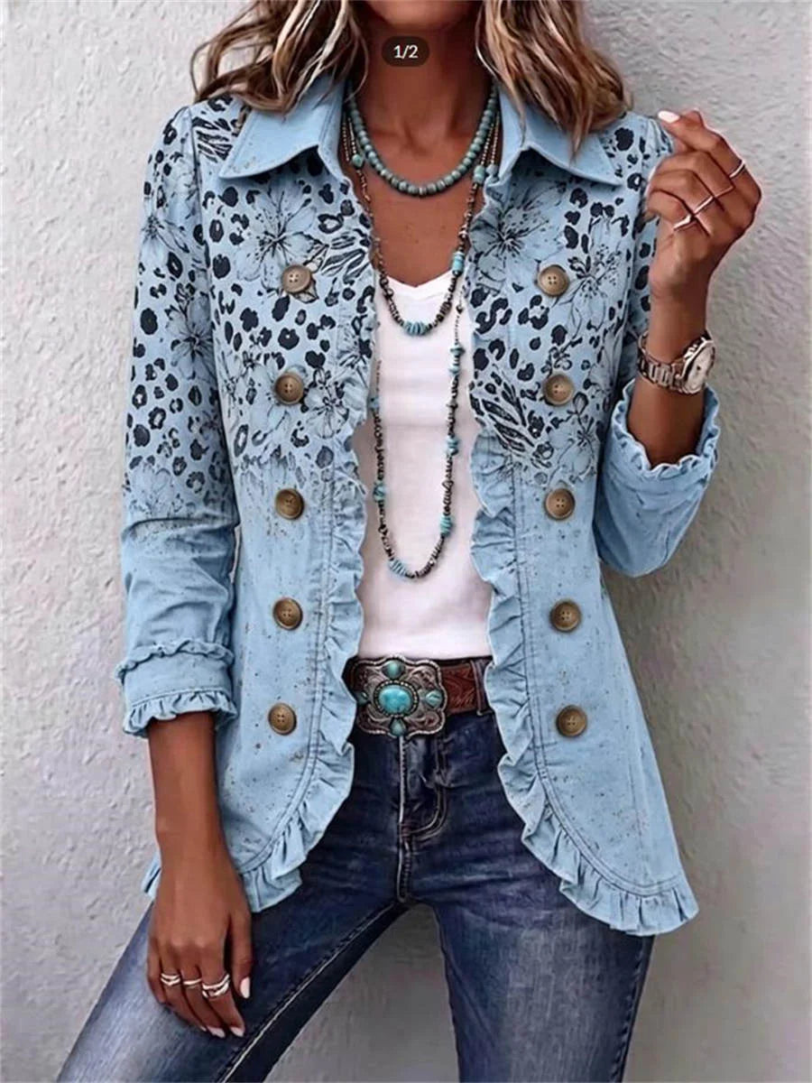 Boho-style Vintage Leopard And Floral Print Ruffle-detail Long Sleeve Jacket