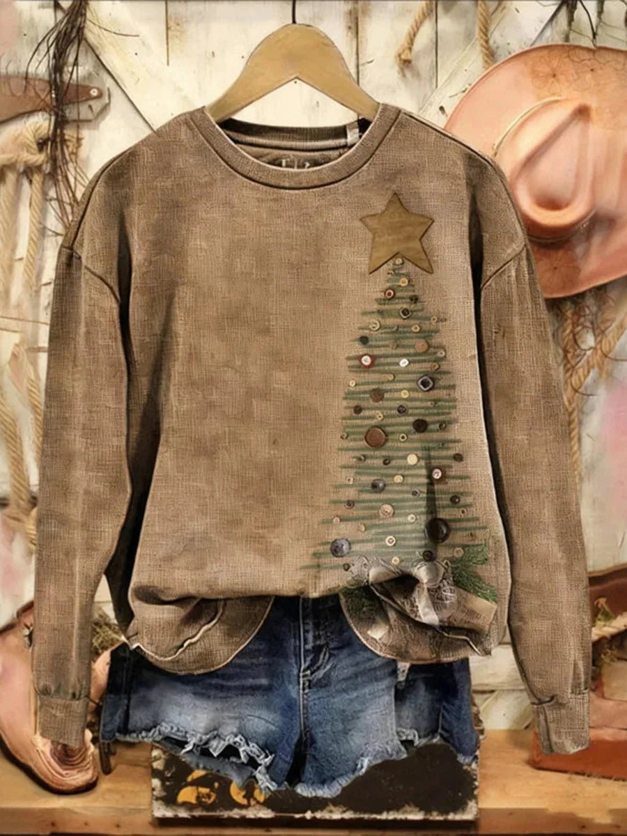 Vintage Christmas Print Round Neck Long Sleeve Sweatshirt