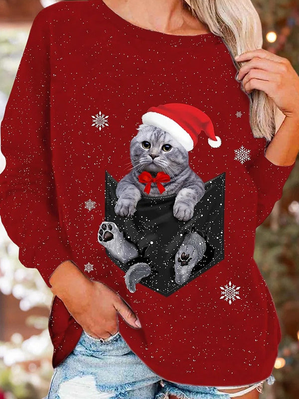 Red Casual Graphic Tops Round Neck Long Sleeve Cat Printed Sweatshirts