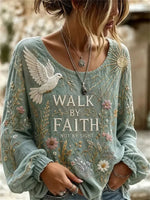 Crew Neck Long Sleeve Floral Printing Lightweight Micro-Elasticity Loose Blouse For Women