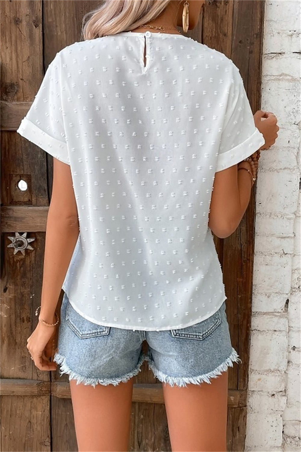 White Swiss Dot Hollow Floral Lace Round Neck Cuffed Short Sleeve Blouse