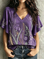 Vintage Floral V Neck Short Sleeve T-shirt