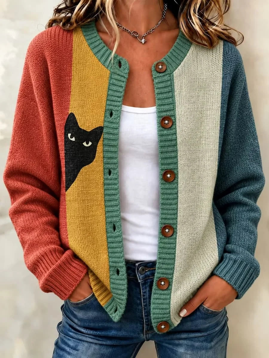 Women's Abstract Stripe Art Peeking Black Cat Pattern Art Casual Knit Crew Neck Long Sleeve Cardigan