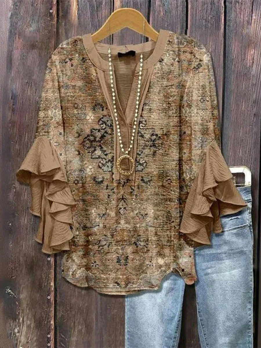 Vintage Casual V-neck 3/4 Sleeve Blouse