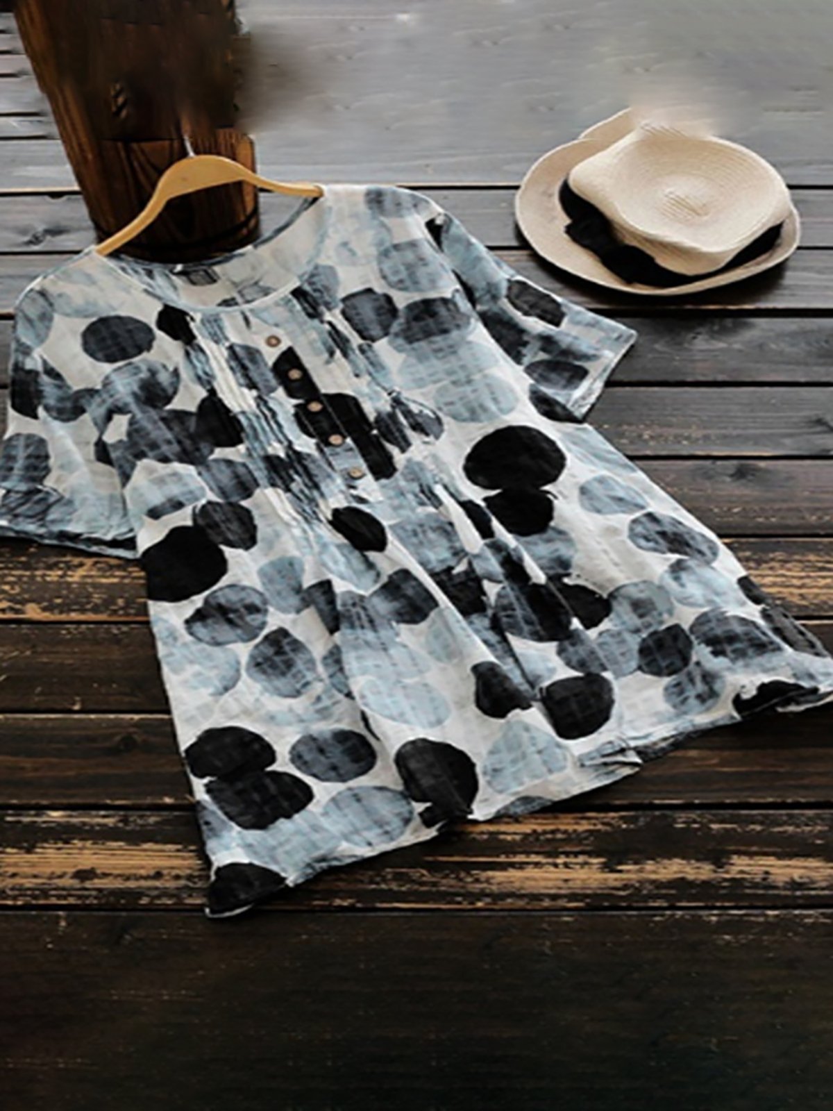 Short Sleeve Printed Crew Neck Casual Blouse