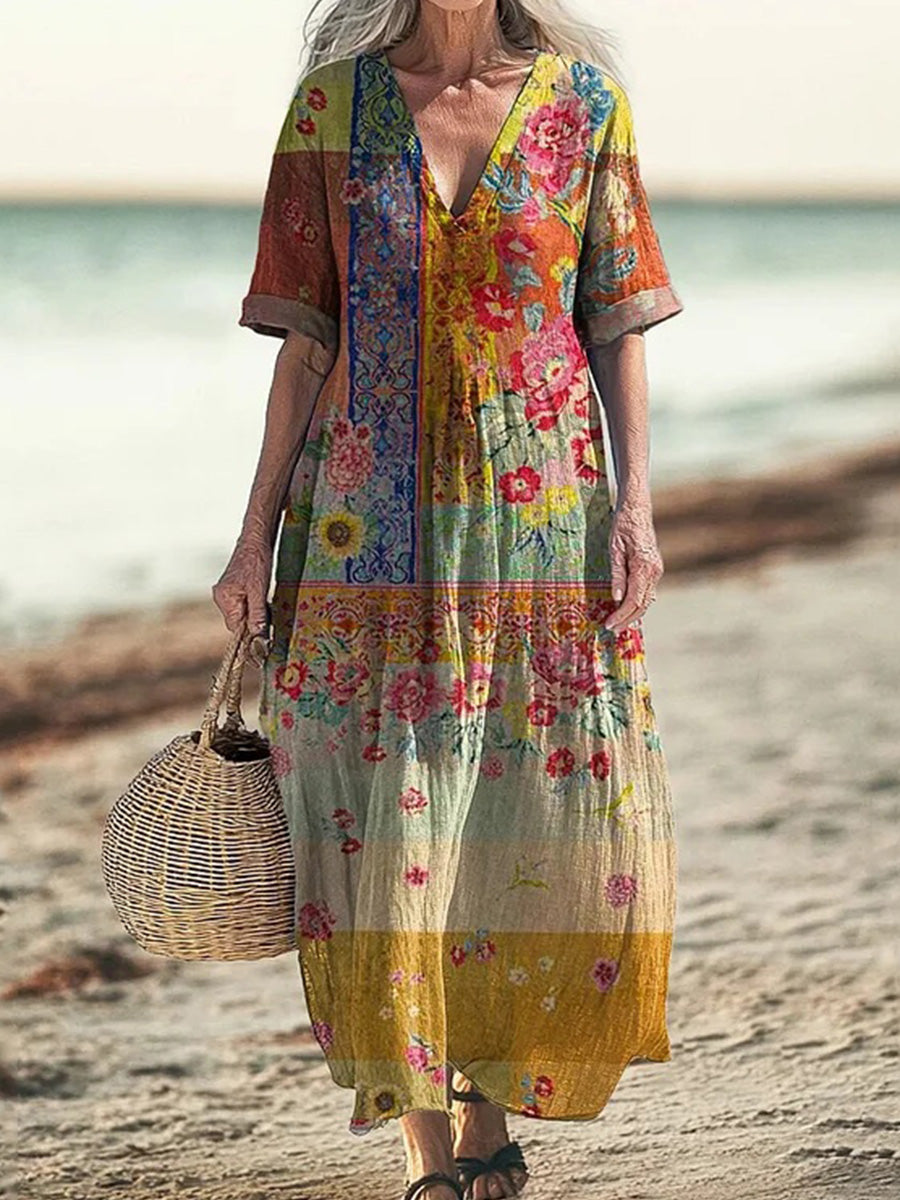 Vintage Floral Art Print Short Sleeve Cotton Dress