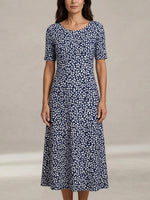 Navy Leaf Print Round Neck Short Sleeve Midi Dress