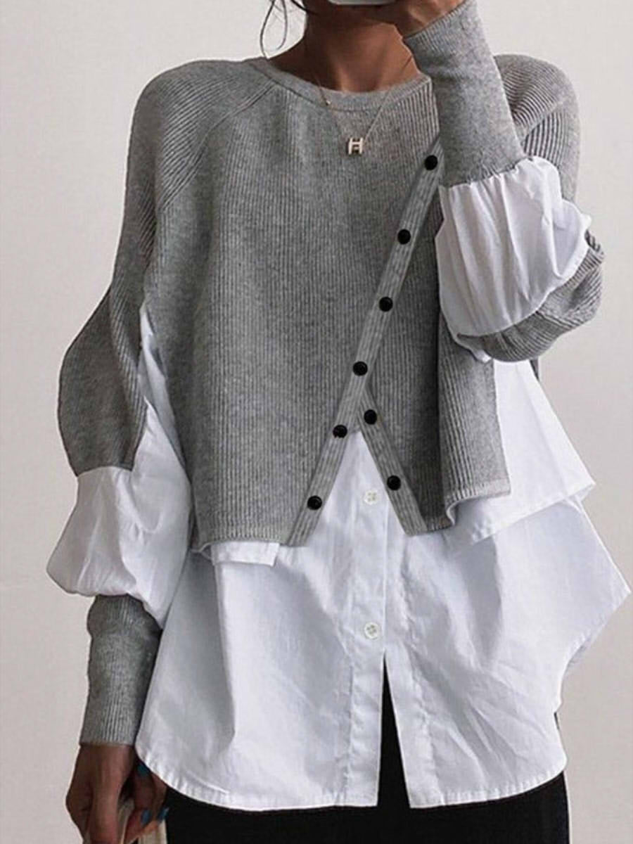 Gray Knit White Blouse Patchwork Round Neck Casual Sweater