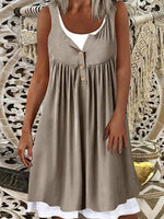 Khaki Crew Neck Short Sleeve Buttoned Short Dress