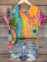 Stunning V-neck Short Sleeve Multicolor Top
