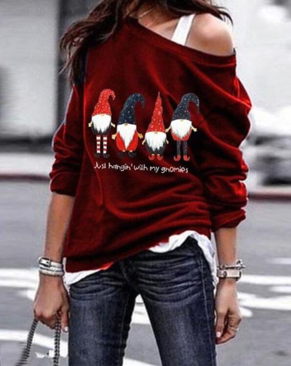Santa Printed Long Sleeve Oblique Shoulder Sweatshirt