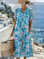 Blue Floral Print V-Neck Short Sleeve Dress
