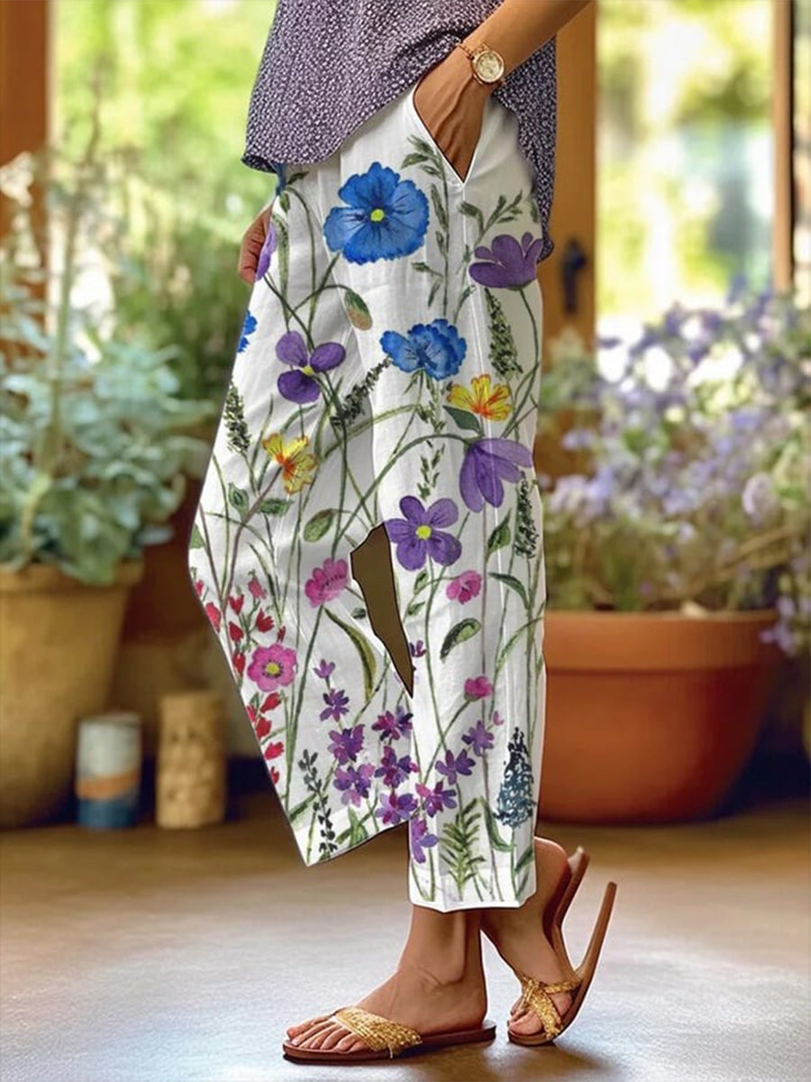 Art Floral Loose Pockets Casual Pants