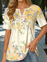 Elegant Floral Print V-neck Short Sleeve Blouse