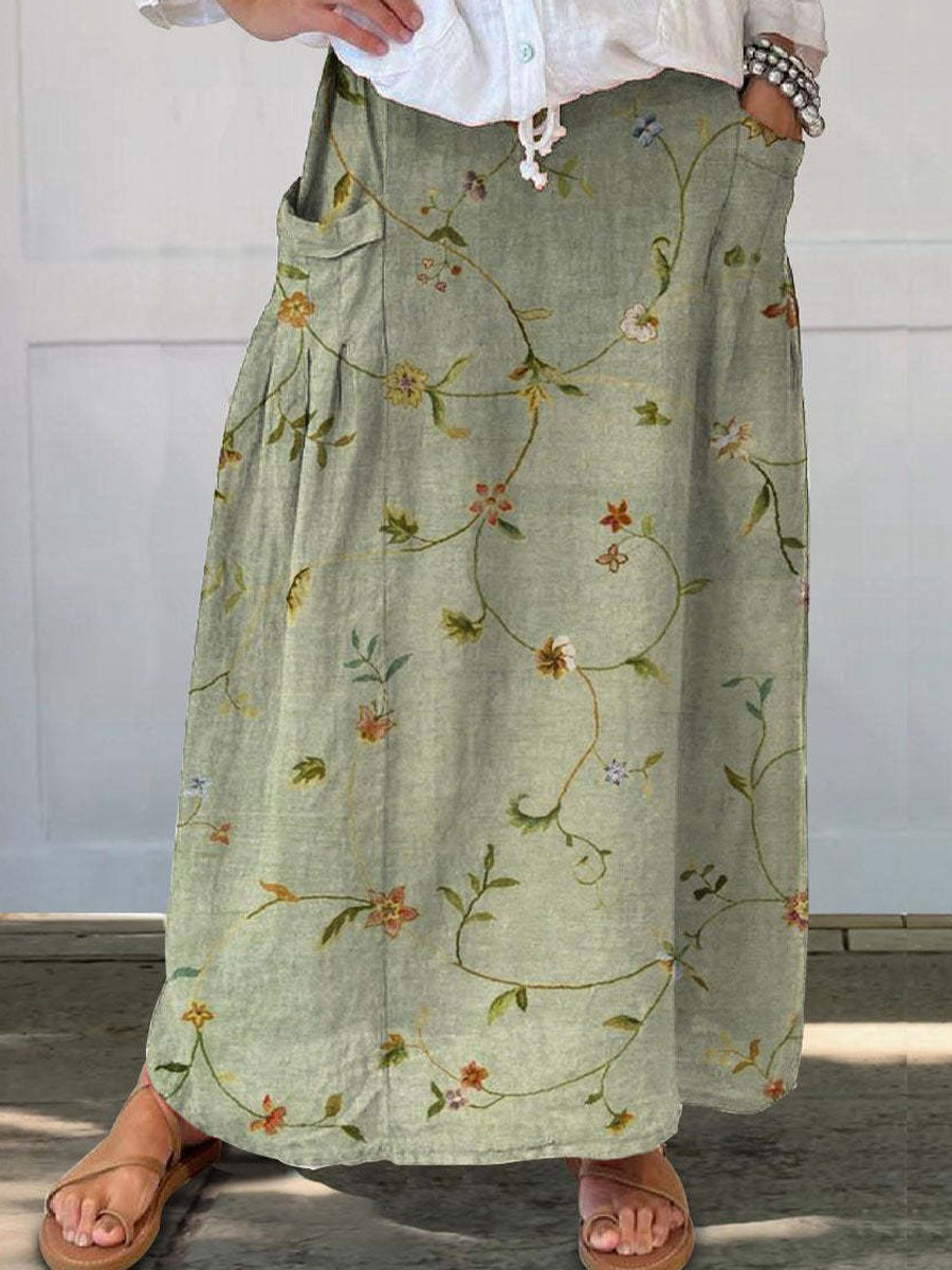 Retro Floral Printed Art Pocket Skirt