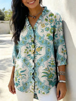 Women's Retro Floral Art Casual V-neck 3/4 Sleeve Shirt