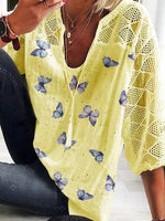 Women's Loose Fit Butterfly Print Mesh Sleeve Top