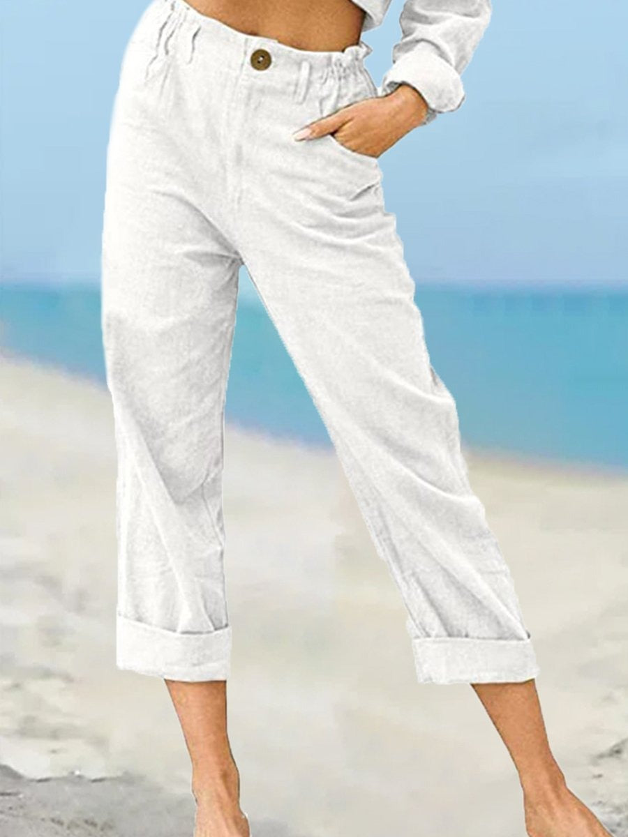 White Casual Solid High Waist Pants