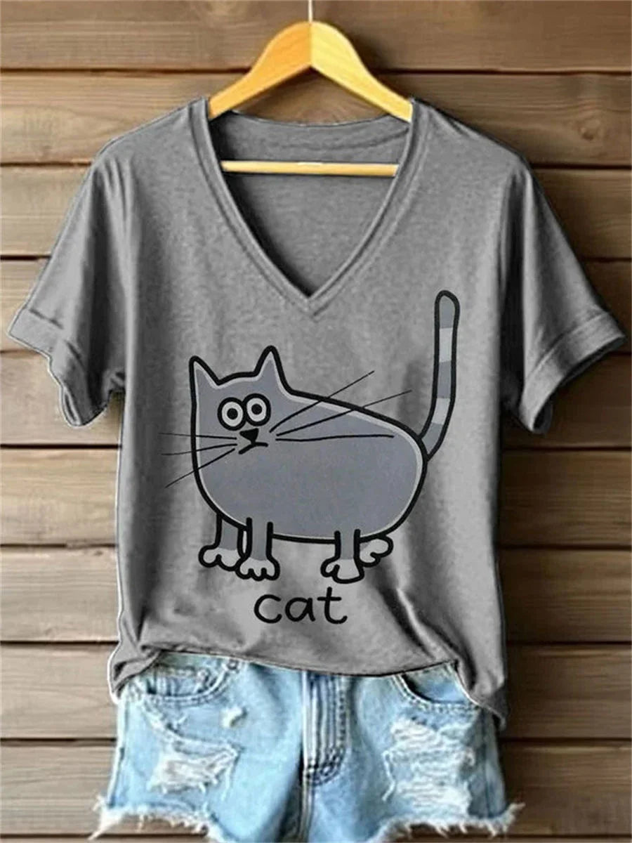 Casual Cat Print V-neck Short Sleeve T-Shirt