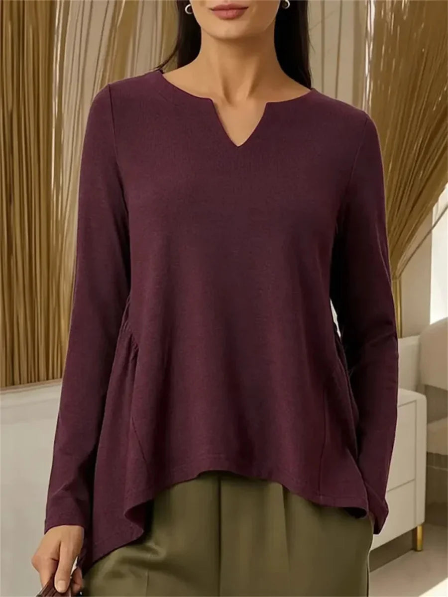 Women's Solid Color V-neck Long Sleeve Casual Loose-fitting Top