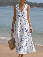 White Floral Print Sleeveless Button-Front Midi Dress