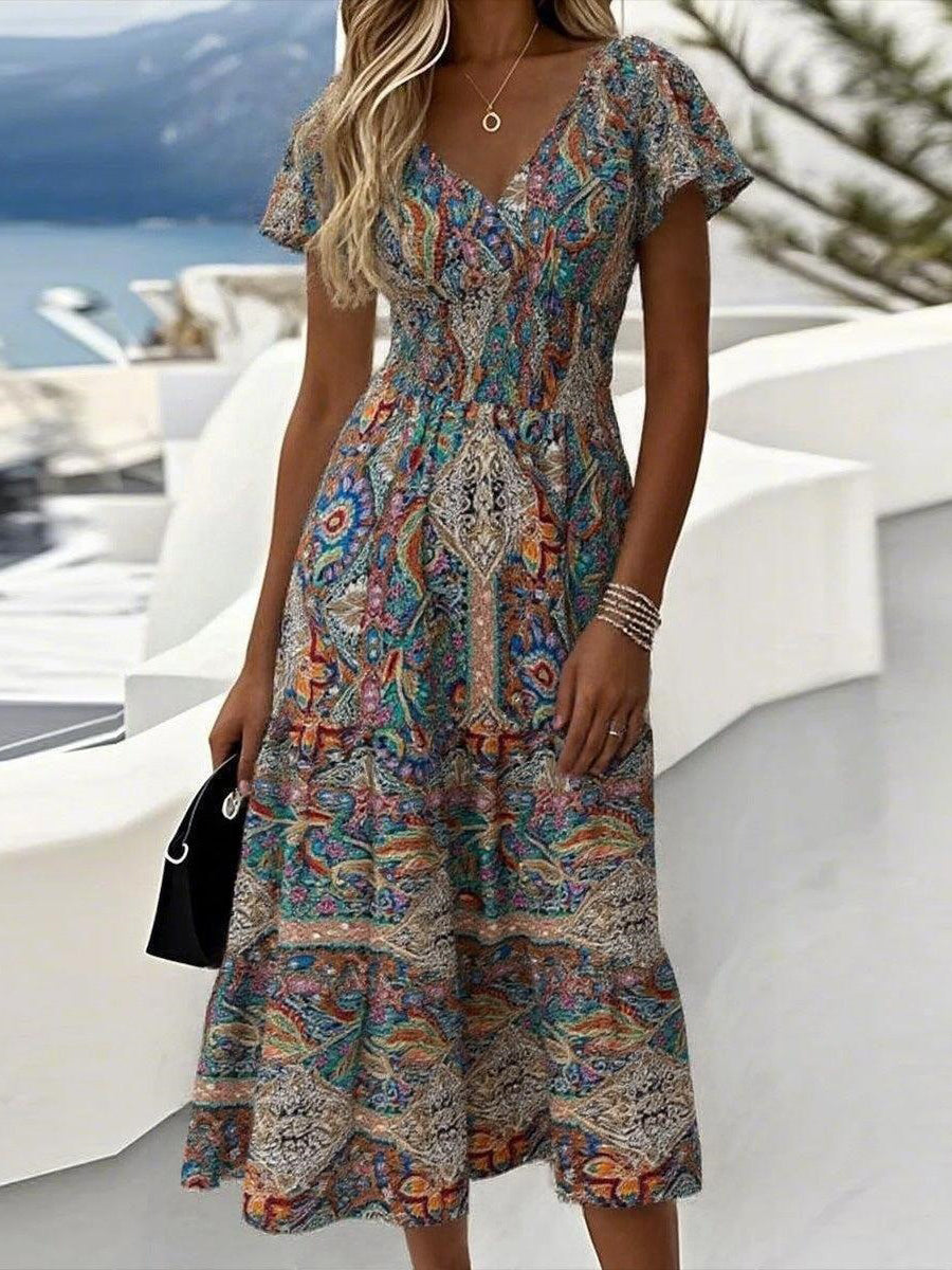 Unique Paisley Print V-neck Short Sleeve Midi Dress